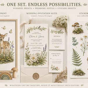 May include: A collection of printed materials featuring botanical and animal illustrations. The set includes a framed nursery print of a fawn, a wedding invitation suite with floral borders, and a sticker sheet with mushrooms and a rabbit.