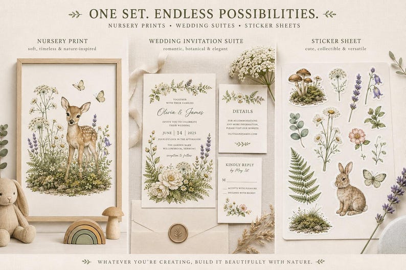 May include: A collection of printed materials featuring botanical and animal illustrations. The set includes a framed nursery print of a fawn, a wedding invitation suite with floral borders, and a sticker sheet with mushrooms and a rabbit.