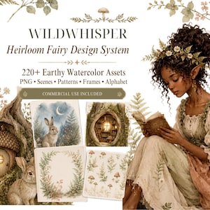 以下が含まれることがあります： WILDWHISPER Heirloom Fairy Design Systemと題されたデジタルデザインコレクション。220種類以上の素朴な水彩画素材が含まれています。本を読む妖精、ウサギ、ツリーハウス、植物の要素がアースカラーで描かれたグラフィックです。