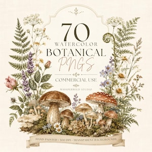 Cottagecore Botanical Clipart, Watercolor Mushroom PNG Bundle, 70pc image 1