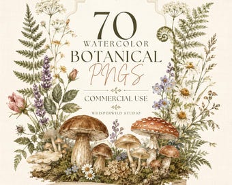 Cottagecore Botanical Clipart, Watercolor Mushroom PNG Bundle, 70pc