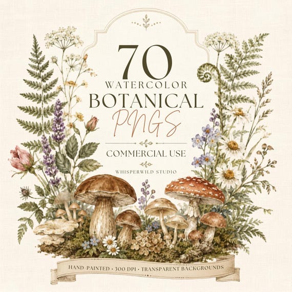 Cottagecore Botanical Clipart, Watercolor Mushroom PNG Bundle, 70pc