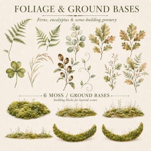 May include: A digital collection of foliage and ground bases featuring illustrations of ferns, eucalyptus, oak leaves, clover, and grasses, alongside six distinct mossy ground bases for building layered scenes, labeled Foliage & Ground Bases.