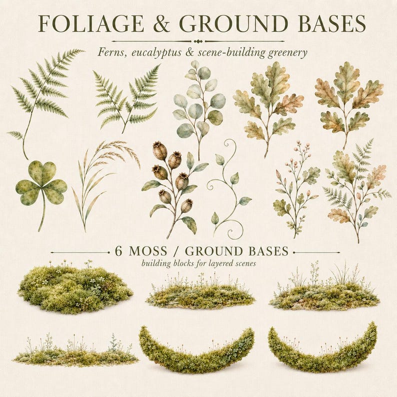May include: A digital collection of foliage and ground bases featuring illustrations of ferns, eucalyptus, oak leaves, clover, and grasses, alongside six distinct mossy ground bases for building layered scenes, labeled Foliage & Ground Bases.