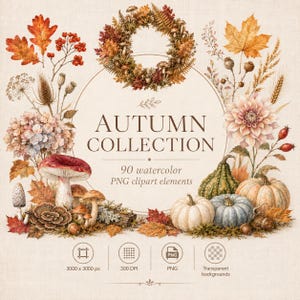 May include: A digital graphic set titled AUTUMN COLLECTION featuring 90 watercolour PNG clipart elements. The design includes a wreath of autumn leaves, mushrooms, pumpkins, and flowers in shades of orange, brown, and cream with text details.