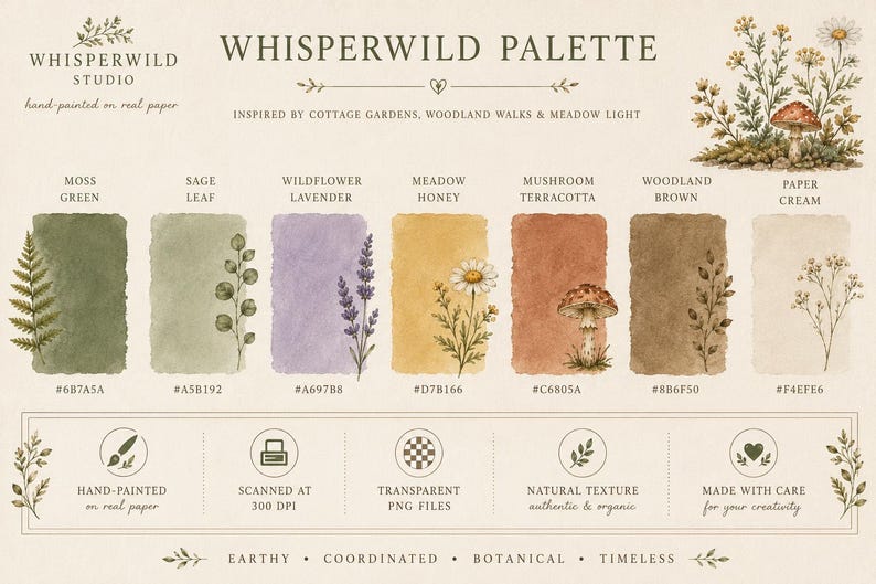 Cottagecore Botanical Clipart, Watercolor Mushroom PNG Bundle, 70pc image 6