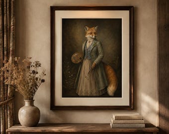Fox Portraitist Painting, Victorian Animal Art, Dark Academia (Digital Download)