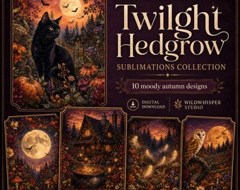 Halloween Sublimation PNG Bundle, Moody Autumn Clipart, Black Cat Pumpkin Owl (Digital Download)