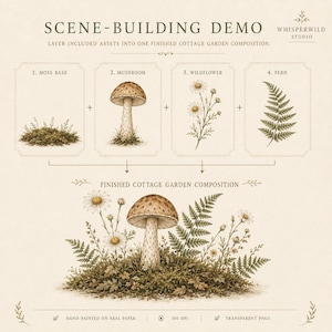 May include: A scene-building demo graphic by Whisperwild Studio showing four botanical assets: a moss base, a mushroom, a wildflower, and a fern. These elements are combined into a finished cottage garden composition with text labels and arrows.
