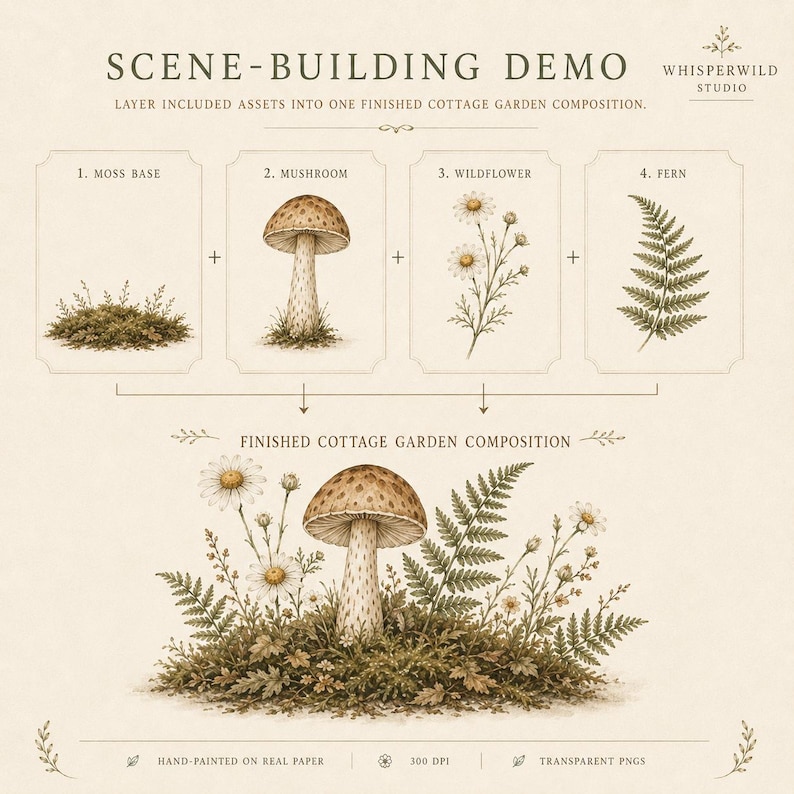 May include: A scene-building demo graphic by Whisperwild Studio showing four botanical assets: a moss base, a mushroom, a wildflower, and a fern. These elements are combined into a finished cottage garden composition with text labels and arrows.
