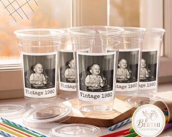 Bicchieri personalizzati con foto da 473 ml (16 oz) Bicchieri di plastica personalizzati con testo per feste, eventi, compleanni, forniture e decorazioni, stile vintage, anno di fondazione, foto del viso