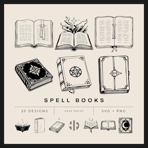 Peut inclure: Une collection d'illustrations en noir et blanc au trait représentant divers livres, dont des volumes ouverts avec des rubans, des livres fermés avec des pentagrammes et des couvertures ornées. Le texte indique SPELL BOOKS, 25 DESIGNS, DARK SERIES, SVG + PNG.