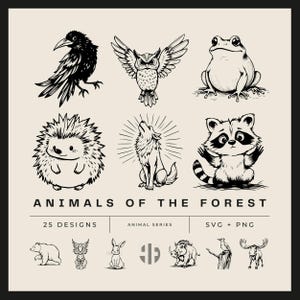 以下が含まれることがあります： カラス、フクロウ、カエル、ハリネズミ、オオカミ、アライグマなどの白黒の森の動物のイラスト集。テキストには「ANIMALS OF THE FOREST」、「25 DESIGNS」、「ANIMAL SERIES」、「SVG + PNG」と書かれており、下部には小さな動物のアイコンが並んでいます。