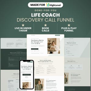 Op de afbeelding: Een digitale marketingsjabloon getiteld MADE FOR HighLevel DONE-FOR-YOU LIFE COACH DISCOVERY CALL FUNNEL. Het toont lay-outs van landingspagina's voor websites en een mobiel telefoonscherm met tekst, boekingsformulieren en afbeeldingen.