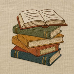 May include: An embroidery design on beige fabric featuring a stack of five books. The top book is open with visible stitched lines representing text. The four books below are closed, showcasing spines and covers in shades of green, yellow, and blue.