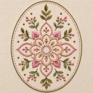 May include: An oval embroidery piece on beige fabric featuring a central floral motif in shades of pink and cream. The design includes symmetrical green leaf sprigs, small pink berries, and a decorative stitched border in olive green thread.