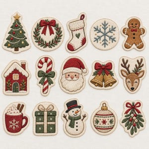 May include: A collection of fifteen embroidered Christmas-themed patches featuring a tree, wreath, stocking, snowflake, gingerbread man, house, candy cane, Santa, bells, reindeer, cocoa, gift, snowman, ornament, and mistletoe on a cream background.