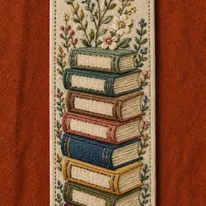 May include: A rectangular fabric bookmark featuring detailed embroidery of a vertical stack of seven books in various colours including green, brown, blue, yellow, and burgundy, surrounded by embroidered floral stems, leaves, and small blossoms.