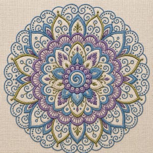 May include: A circular embroidery design featuring a central spiral surrounded by layers of symmetrical petals and intricate scrollwork. The pattern uses a color palette of light blue, lavender, and sage green thread stitched onto a beige fabric.