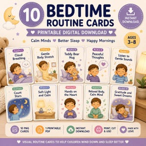 Op de afbeelding: Een set van 10 printbare bedtijd-routinekaarten voor kinderen van 3-8 jaar, met illustraties van een kind dat kalmerende activiteiten uitvoert zoals wolkademhaling, knuffels met een teddybeer en sterren tellen, met tekstlabels.