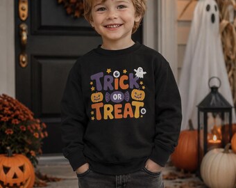 Kids Trick or Treat Sweatshirt, Pumpkin Ghost Halloween Outfit
