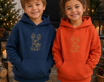 Kids Embroidered Reindeer Hoodie, Nordic Christmas, Organic Cotton Blend