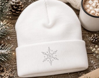 Embroidered Snowflake Beanie, Minimalist Nordic Winter Hat (100% Acrylic)