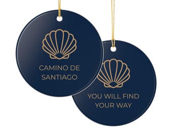 Personalized Camino de Santiago Ceramic Ornament | Navy Shell, Gold String