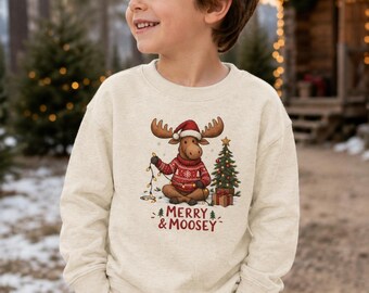 Merry & Moosey Kids Christmas Sweatshirt, Nordic Moose Pullover (60% Cotton)