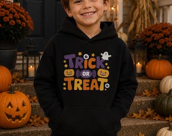 Kids Trick or Treat Hoodie, Pumpkin Ghost Halloween Shirt, Organic Cotton Sweatshirt