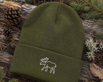 Embroidered Moose Beanie, Nordic Wildlife Winter Hat, Minimalist Cuffed Beanie