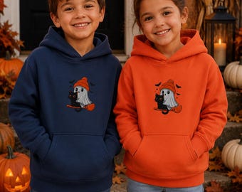 Embroidered Ghost & Cat Kids Hoodie, Organic Cotton, Spooky Fall Sweatshirt
