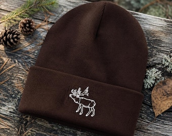 Embroidered Moose Beanie, Nordic Wildlife Winter Hat, Minimalist Cuffed Beanie