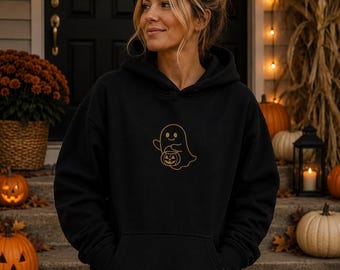 Embroidered Ghost Hoodie, Minimalist Pumpkin Design, Spooky Season Sweatshirt