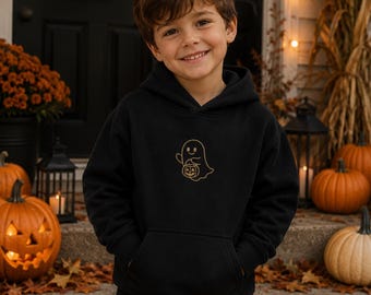 Embroidered Ghost Kids Hoodie, Organic Cotton, Spooky Season Sweatshirt