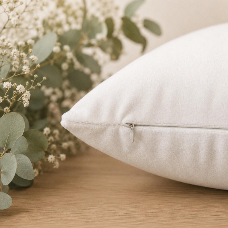 May include: A solid white throw pillow cover featuring a smooth, soft-touch fabric texture and a discreet, concealed zipper closure along the side seam. The pillow is positioned next to a sprig of green eucalyptus and small white flowers.