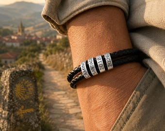 Engraved Stainless Steel Beads on Braided Leather Bracelet | Personalized Gift