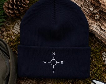 Embroidered Compass Beanie, Navy Adventure Hat, Minimalist Winter Accessory