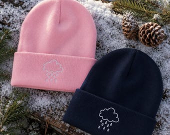 Embroidered Rain Cloud Beanie, Minimalist Winter Hat, Cozy Pink Cuffed (Turbo Acrylic)