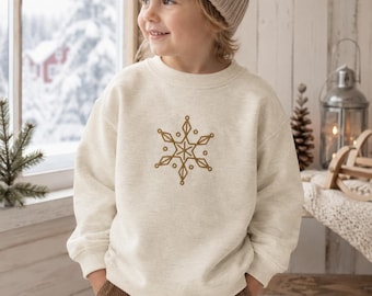 Embroidered Snowflake Kids Sweatshirt, Nordic Christmas Pullover, Cozy Fleece