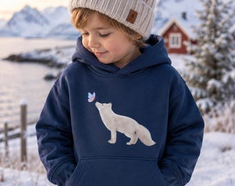 Kids Arctic Fox Hoodie, Nordic Butterfly Sweatshirt, Organic Cotton Pullover