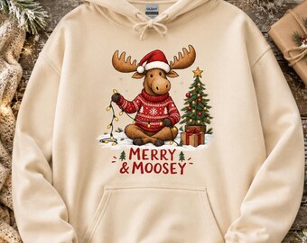 Merry & Moosey Christmas Hoodie, Festive Moose Sweatshirt, Cozy Winter Pullover
