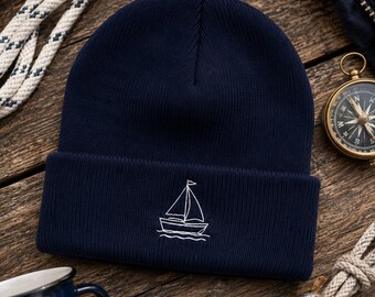 Embroidered Sailboat Beanie, Nautical Knit Hat, Winter Warmth
