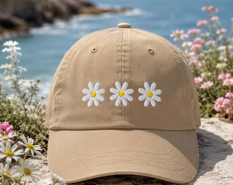 Embroidered Daisy Dad Hat, Floral Baseball Cap, Chino Cotton Twill, Summer Style