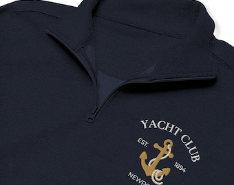 Newport Yacht Club Embroidered Quarter Zip, Nautical Anchor Sweatshirt, Coastal New England Pullover