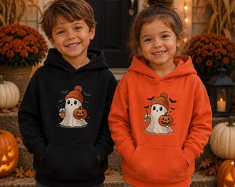 Kids Ghost Pumpkin Hoodie, Organic Cotton, Spooky Season Sweatshirt