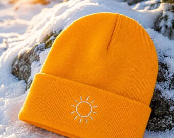Embroidered Sun Beanie, Minimalist Sunshine Winter Hat, Outdoor Adventure Cuffed Hat