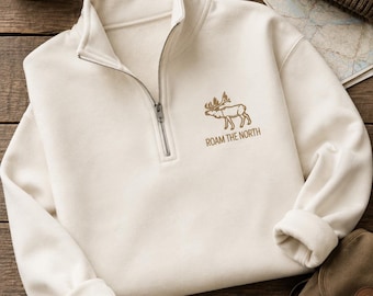 Embroidered Moose Quarter Zip Sweatshirt, Nordic Outdoor Fleece Pullover