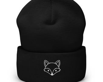 Embroidered Fox Beanie, Minimalist Nordic Winter Hat, Woodland Animal Cuff (Turbo Acrylic)