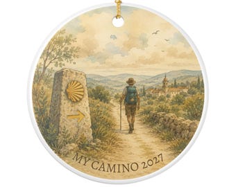 Personalized Camino Pilgrim Walking Scene Ornament | Ceramic Round Keepsake